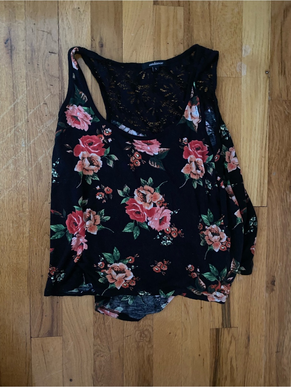 Ambiance Black Floral Lace-Back Tank with Pink & Red Roses